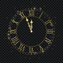 Gold vintage clock with Roman numeral and countdown midnight, eve for New Year. Golden wall clock-face dial at transparent background. Vector illustration. - obrazy, fototapety, plakaty