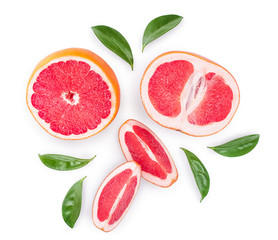 Grapefruit and slices with leaves isolated on white background. Top view. Flat lay