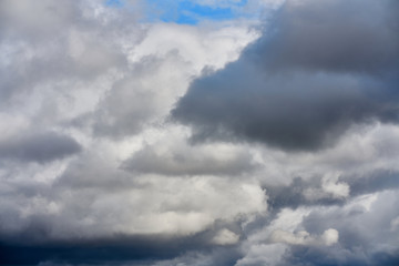 Volumetric clouds in the blue sky. Summer day and blue sky with volumetric clouds.