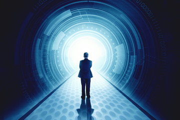Rear view of businessman standing in front of a futuristic tunnel - Powered by Adobe