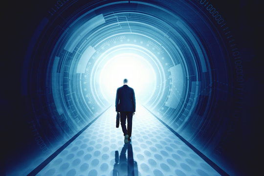 Rear view of businessman walks entering a futuristic tunnel