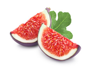Fresh fig slice fruit with leaf isolated on white background