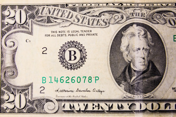 Closeup of american twenty dollars banknote
