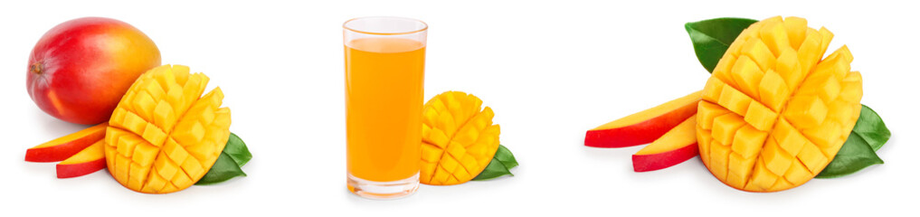 Mango fruit half with leaves and slices isolated on white background close-up. Set or collection