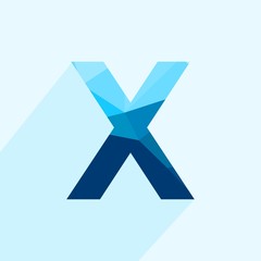 Blue vector polygon letter X with long shadow. Abstract low poly illustration of flat design.