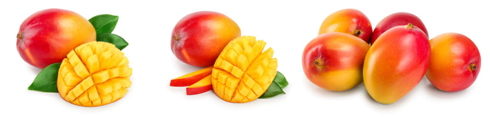 Mango fruit half with leaves and slices isolated on white background close-up. Set or collection
