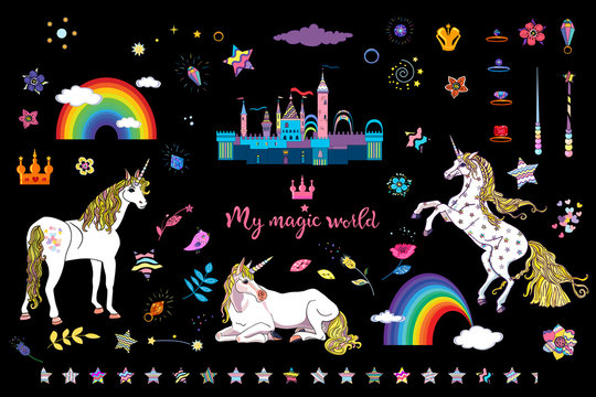 Beautiful set with cute unicorns, fairy castle, border, rainbows and lettering isolated on the black background