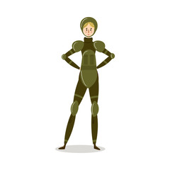 Woman in camouflage military uniform, body armor and equipment illustration
