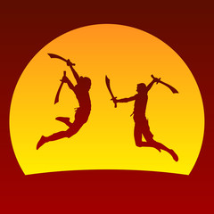 Silhouette of warriors with swords on sunset background