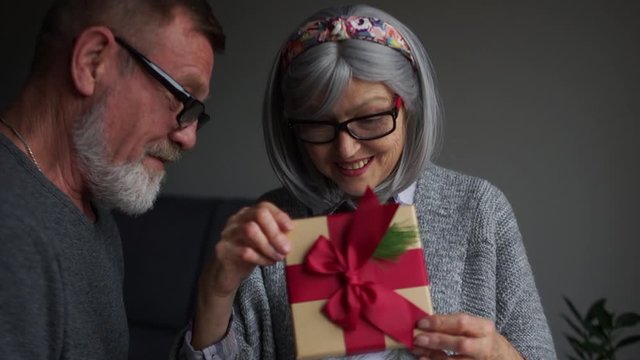 Elderly beautiful woman received a Christmas present from her husband and is very surprised