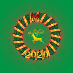 Christmas wreath 2020 with ribbon and a silhouette of a reindeer jingle bells pine tree mandala isolated on green background. Vector image.