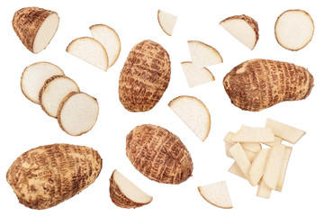 fresh taro root isolated on white background. Top view. Flat lay. Set or collection