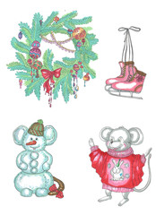 christmas elements - snow wreath, snowman, mouse and winter saktes