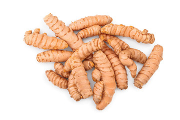 turmeric root isolated on white background. Top view. Flat lay