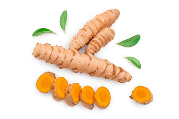 turmeric root and slices isolated on white background. Top view. Flat lay