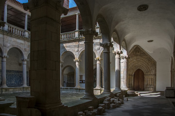 View at the interior cloister on the Cathedral of Viseu, romanesque style columns gallery, Portugal