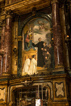 Turin, Italy, 27 June 2019: Interior of the Salesian Church of Our Lady Help of Christians in Turin, Italy. Sarcophacus and don Bosco's relics