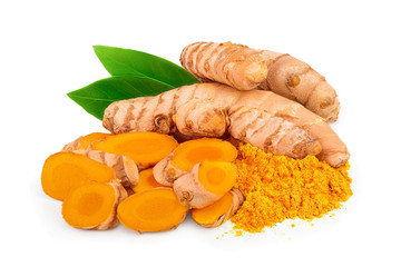 turmeric root and powder isolated on white background close up