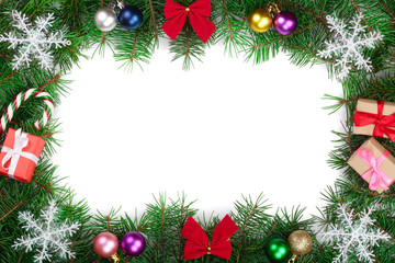 Fototapeta na wymiar Christmas frame decorated with snowflakes isolated on white background with copy space for your text. Top view.