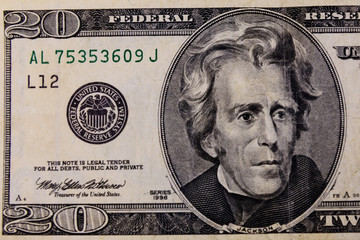 Closeup of american twenty dollars banknote
