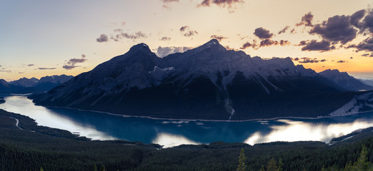 Sunset with the Peaks Rising Above Spray Lakes Reservoir 