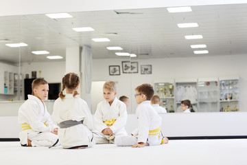 Group of children in kimono sitting on the floor and talking to each other during their lesson in karate in the gym © AnnaStills