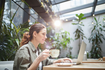 Side view portrait of smiling young woman using laptop in cafe while sitting at outdoor terrace...