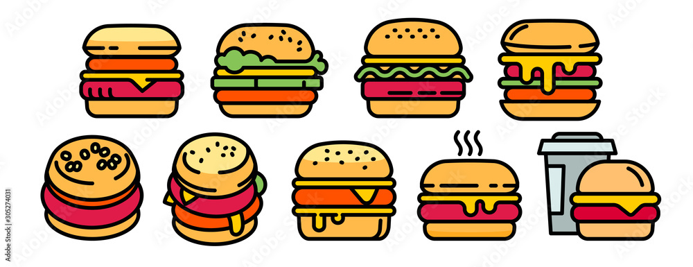 Poster burger icons set. outline set of burger vector icons for web design isolated on white background