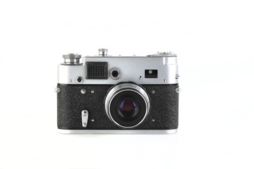 Rare old rangefinder film camera on white background.