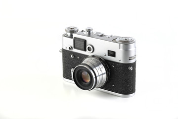 Fototapeta premium Rare old rangefinder film camera on white background.