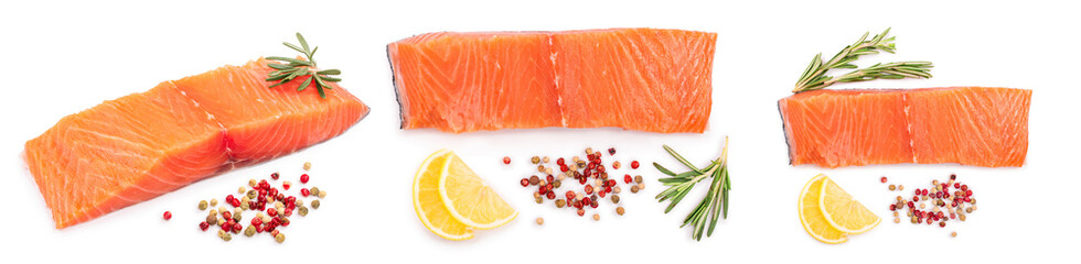 fillet of red fish salmon with lemon and rosemary isolated on white background. Top view. Flat lay. Set or collection