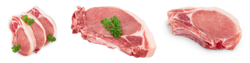 sliced raw pork meat isolated on white background. Top view. Flat lay. Set or collection
