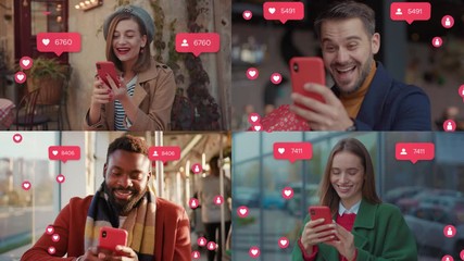 Vlogger Influencer. Portrait of Charming People. Animation with User Interface - Likes, Followers, Comments for Social Media from Smartphone. Response. Successful Emotion. Live Stream. - Powered by Adobe
