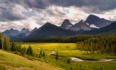 Sunset with the Peaks Rising Above Spray Lakes Reservoir 