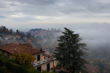 Fototapeta premium A thick fog enveloped the Upper city of Bergamo.