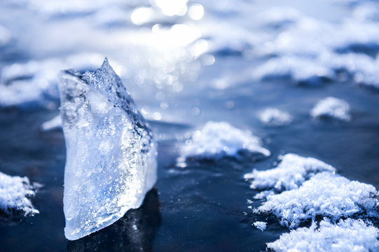 Ice on the frozen lake. Macro image, shallow depth of field. Winter nature background