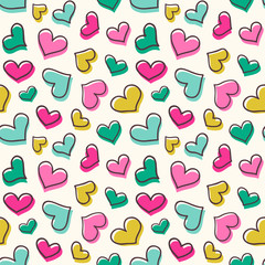 Seamless vector pattern with hand drawn hearts in cute color palette. - 305274619