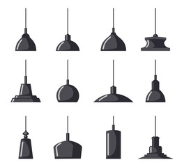 Monochrome hanging lamps, set. Chandeliers, lamps, bulbs - elements of modern interior, beautiful icon collection. Vector illustration, isolated.