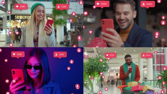 Vlogger Influencer. Portrait of Charming People. Animation with User Interface - Likes, Followers, Comments for Social Media from Smartphone. Response. Successful Emotion. Live Stream.