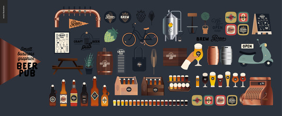 Brewery, craft beer pub -small business graphics - pub elements -modern flat vector concept illustrations -draught beer tank, tower, casks, brewery components, bar interior, logo, hop, wheat, scooter