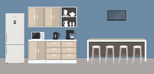 Office kitchen. Break room. Dining room in the office. There are kitchen cabinets, a fridge, a table, chairs, a microwave, a black kettle, TV and a coffee machine in the picture. Vector illustration
