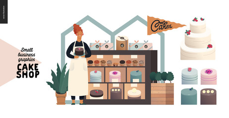 Cake shop, cakes on demand - small business graphics - owner at the display -modern flat vector concept illustrations - a baker at the display with a range of cakes, pastries, tarts and cupcakes