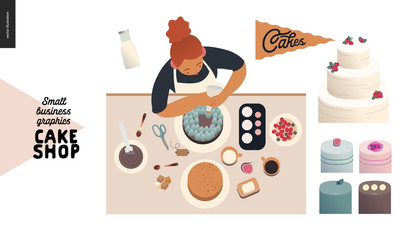 Cake shop, cakes on demand - small business graphics - process -modern flat vector concept illustrations - a cake maker decorating a cake, production process, cakes range set