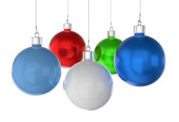 Christmas balls of different colors on a white background. 3d rendering.