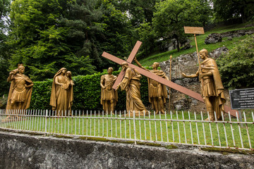 Lourdes, France, June 24 2019: Way of the Cross of Jesus, fragment of the fourth station