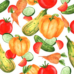 Watercolor pattern with bright vegetables from the garden. Hand-drawn perfectly for the design of textiles, fabrics, paper decor, holidays and any design