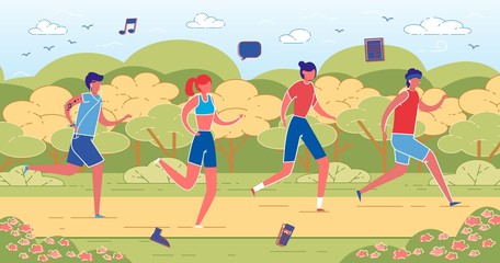 Four Young People Taking Morning Jog in Local Park