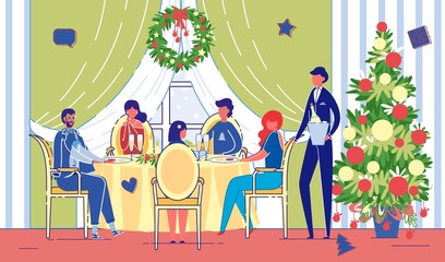 Friends Celebrate Christmas Holiday in Restaurant.
