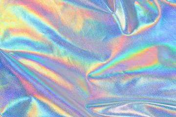 Foto op Aluminium Iriserende stof achtergrond. Glanzende parelmoer stof, heldere veelkleurige stof © Alex