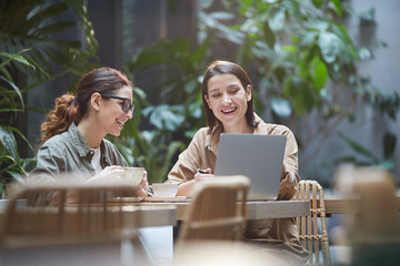 Portrait of two young women laughing happily while using laptop on outdoor cafe terrace decorated...
